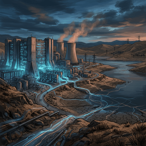 Futuristic power plant with cooling towers, transmission lines, and glowing energy channels